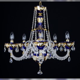 5-armiger Kronleuchter aus kobaltblauem Kristall, verziert mit Glasblumen auf einem goldenen Sockel