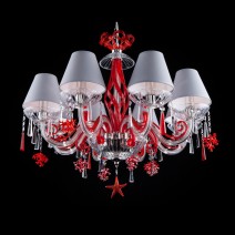 Künstlerischer Kronleuchter aus rotem Kristall mit gläsernen Meereskorallen und grauen Lampenschirmen