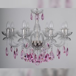 8-armiger Kristallkronleuchter mit glatten Glasarmen und geschliffenen violetten fuchsiafarbenen Mandeln