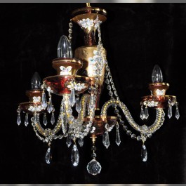 Small 3 arm enameled ruby crystal chandelier with glass flowers