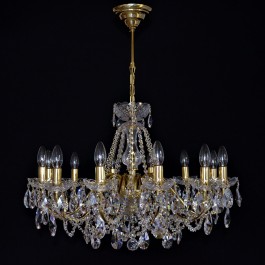 Kristall-Kronleuchter aus goldenem Messing mit 12 Metallarmen mit Cr. Mandeln. Messing poliert.