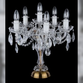 Dekorative Kristalltischlampe mit sechs Glühbirnen - Messing antik, Kristallmandeln