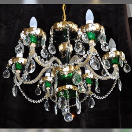 6-armiger Kronleuchter aus grün emailliertem Kristall mit Glasblumen