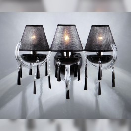 3-armige Große Kristallwandleuchte aus schwarzem Glas mit Lampenschirmen