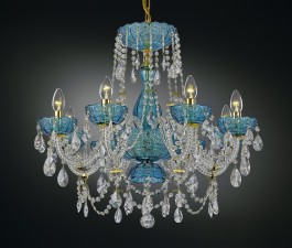 Luxuriöser blauer Kristallkronleuchter aus tschechischem handgeschliffenem Glas mit acht Kerzenlampen.