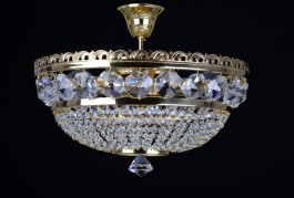 3-Glühbirnen Strass Korb Kristall Kronleuchter mit großen geschliffenen Achtecken - Gold Messing