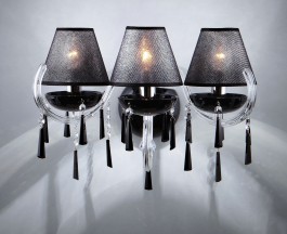 3-armige Große Kristallwandleuchte aus schwarzem Glas mit Lampenschirmen