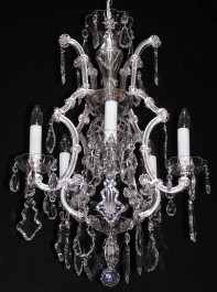 Silberner Maria-Theresia-Kronleuchter mit 5+1 Glühbirnen, verziert mit flachen Kristall-Pendeloques