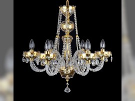 6-armiger GOLD-Kristallkronleuchter mit Glasblumen