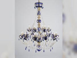 Einzigartiger, handbemalter Kronleuchter aus saphirblauem Glas, verziert mit 24-karätigem Gold.