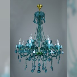 Blaugrüne Kristallkronleuchter und Lampen in türkiser Farbe