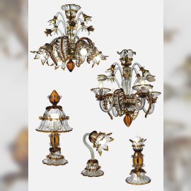 Designkollektion von Murano-Kronleuchtern und -Lampen aus bernsteinfarbenem und klarem Glas