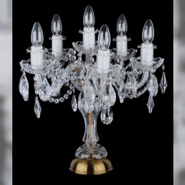 Dekorative Kristalltischlampe mit sechs Glühbirnen - Messing antik, Kristallmandeln