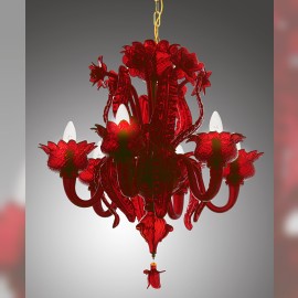 Rubinroter MURANO-Kronleuchter „Disteln und Mohnblumen“ &amp; Rubinroter Oktopus