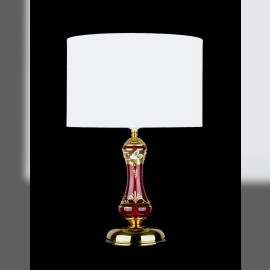 Lampe mit zylindrischem Textilschirm und Sockel aus Rubin-Glas