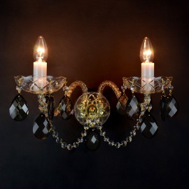 Kristall-Wandleuchte mit 2 Glühbirnen und Kristallbesatz aus Rauchglas, das einen dunklen Quarzkristall imitiert