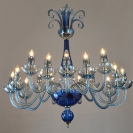 Blaue Kronleuchter aus glattem Glas, verziert mit Ätzungen im Murano Stil
