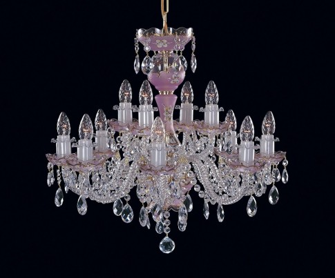 12-armiger Kristallkronleuchter mit Handmalerei auf rosa Milchglas, der sogenannte CRYSTAL FOND