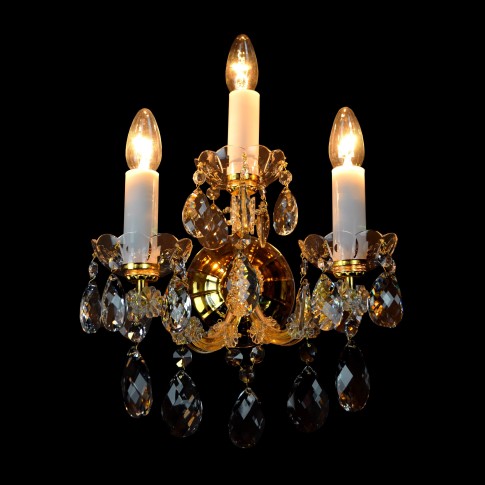 Maria Theresia Wandleuchte mit drei Glühbirnen und einer Glasabdeckung einer Messingschale, die die elektrischen Kabel verdeckt (Licht an)