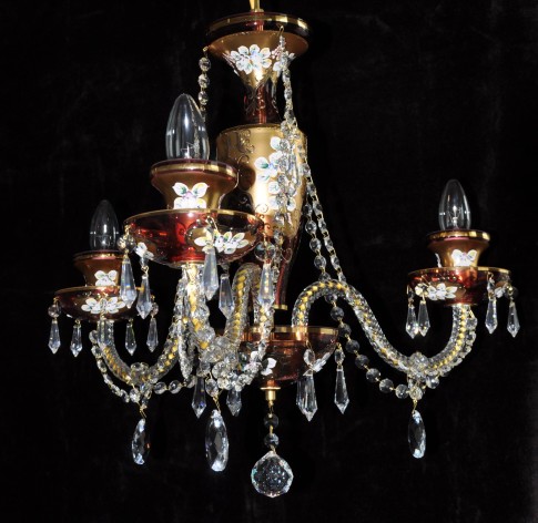 Small 3 arm enameled ruby crystal chandelier with glass flowers