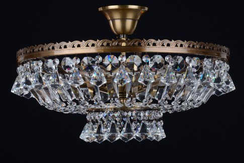 Braun gebeiztes Korb-Kristallkronleuchter mit 6 Glühbirnen und diamantförmigen Kristallen
