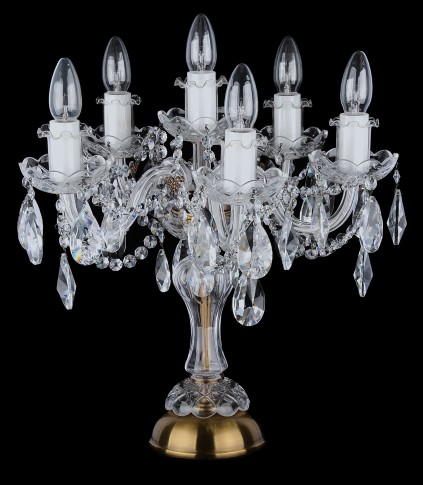 Dekorative Kristalltischlampe mit sechs Glühbirnen - Messing antik, Kristallmandeln