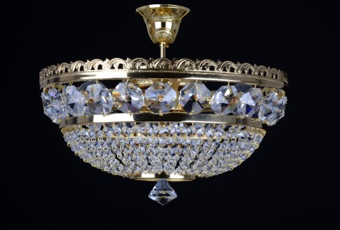 3-Glühbirnen Strass Korb Kristall Kronleuchter mit großen geschliffenen Achtecken - Gold Messing