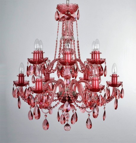 Größerer rosa Kristallkronleuchter mit 12 Glühbirnen