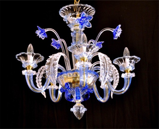 Kleiner, tintenblauer Murano-Kronleuchter mit Blumen – 5 Glühbirnen