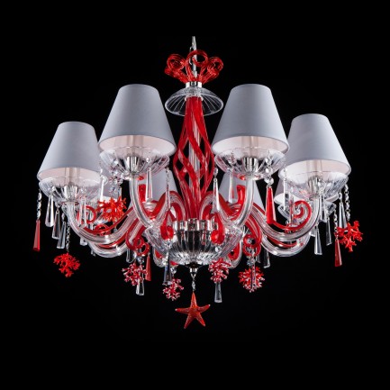 Künstlerische rote Kristalllampe mit acht mit Meereskorallen verzierten Glühbirnen